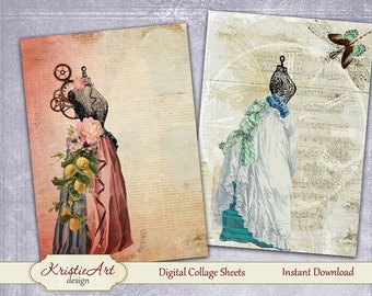 Retro Dresses - Digital Collage Sheet Digital Cards C225 Retro ATC cards