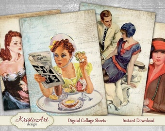 Retro Ladies - Digital Collage Sheet Digital Cards C089 Printable Download Image Tags Digital Atc Card ACEO Retro Cards