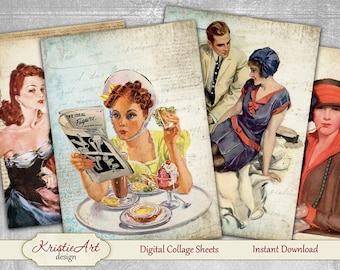 Retro Ladies - Digital Collage Sheet Digital Cards C089 Printable Download Image Tags Digital Atc Card ACEO Retro Cards