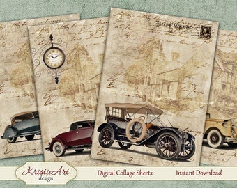 Retro Nostalgia - Digital Collage Sheet Digital Cards C094 Printable Download, Car, Automobile, Men, Digital Atc, ACEO Retro