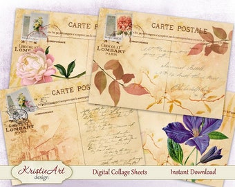 Floral Postcard - Digital Collage Sheet Digital cards C087 Printable download image Tags Digital Retro Atc card ACEO Flowers