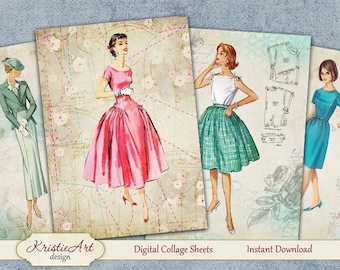 Retro Fashion - Digital Collage Sheet Digital Cards C125 Printable Download Image Tags Digital Atc Cards ACEO Fashion Cards