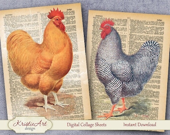 Coqs et poulets - Feuille de collage numérique Cartes numériques C197 Image de téléchargement imprimable Carte Atc numérique Cartes ACEO Birds