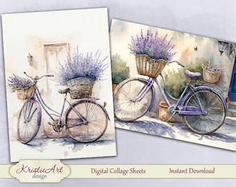 Provence Style Digital ATC Cards: Bicycle with Lavender Illustration, C266