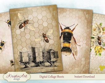 Bee - Digital Collage Sheet Digital Cards C135 Printable Download Image Tags Digital Nature Atc Cards Fauna ACEO Bee Cards
