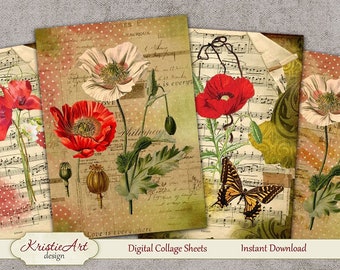 Summer Poppies - Digital Collage Sheet Digital Cards C127 Printable Download Image Digital Image Flowers Atc Cards Poppy ACEO