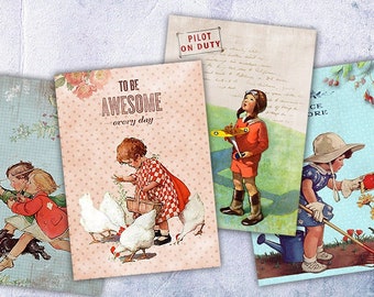 May include: A set of 10 digital collage sheets featuring vintage illustrations of children. The images include a girl feeding chickens, a girl with a cat, a girl with a doll, a boy flying a plane, a girl gardening, and more. The images are ideal for scrapbooking, card making, and other craft projects.