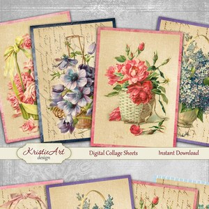 Paniers de fleurs - Feuille de collage numérique Cartes numériques C097 Imprimable Télécharger Image Tags Cartes Atc numériques Fleurs ACEO