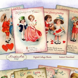 San Valentino - Foglio collage digitale Cartoline digitali C100 Scarica stampabile Tag immagine Cartoline d'amore digitali ACEO San Valentino