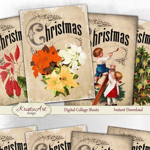 Happy Christmas - Digital Collage Sheet Digital Cards C109 Printable Download Image Tags Digital Atc ACEO Christmas Tree