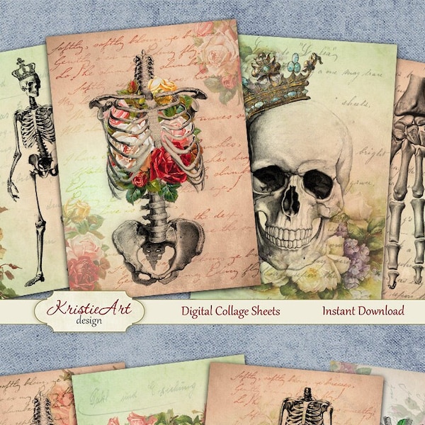 Floral Anatomy - Digital Collage Sheet Digital Cards C115 Printable Download Image Tags Digital Image Atc Cards ACEO Skeleton