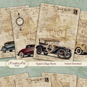 Retro Nostalgia - Folha de colagem digital Cartões digitais C094 Download para impressão, carro, automóvel, homem, atc digital, ACEO Retro
