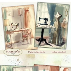 Può includere: Quattro fogli di collage digitale che rappresentano scene di cucito vintage. Ogni foglio rappresenta una macchina da cucire, un manichino e un tavolo con una lampada. Le scene sono rese in uno stile ad acquerello con una tavolozza di colori morbidi e tenui.
