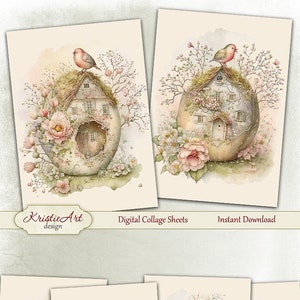 Easter Birds in an Egg House Digital Collage ATC Karten, C250 | Sofortiger Download für Scrapbooking und Journaling