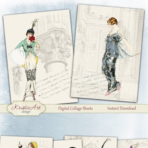 Puede incluir: Cinco hojas de collage digital con ilustraciones de mujeres con ropa vintage. Las mujeres se representan en varias poses y llevan sombreros, abrigos y vestidos. El fondo es gris claro con texto escrito a mano.