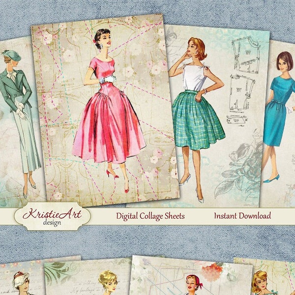 Retro Fashion - Digital Collage Sheet Digital Cards C125 Printable Download Image Tags Digital Atc Cards ACEO Fashion Cards