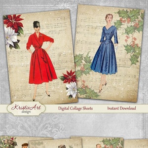 Christmas Ladies - Digital Collage Sheet Digital Christmas Cards C196 Printable Happy New Year Winter Digital Atc ACEO