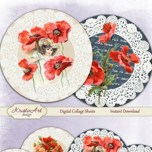Papoilas - Folha de colagem digital - Cartões de flores - Cartões digitais C168 download para impressão Flores imagem redonda Cartão atc de papoula