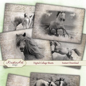 Cavalos - Folha de colagem digital Cartões digitais C107 para impressão Baixar etiquetas de imagem Cartão digital Horse Atc ACEO Cartões preto e branco