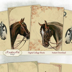 Cavalos nobres - Folha de colagem digital Cartões digitais C169 para impressão Baixar imagem Tags Cavalo Retro Atc Cartões ACEO Animais Cartões