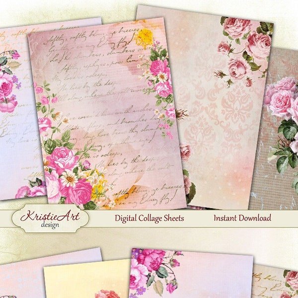 Pink Roses - Digital Collage Sheet Digital Cards C092 Printable Download Image Tags Digital Roses Atc Cards ACEO Flowers Cards