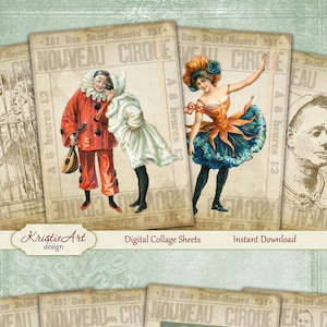Nouveau Cirque - Feuille de collage numérique Cartes numériques C166 Étiquettes d'image de téléchargement imprimable Cartes Atc de cirque Cartes ACEO