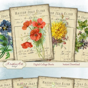 Maison Flowers - Folha de colagem digital Cartões digitais C158 para impressão Baixar imagem Tags Flores Cartões Atc Fatura Cartões ACEO