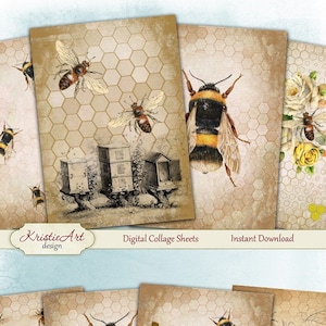 Abelha - Folha de Colagem Digital Cartões Digitais C135 Download para Impressão Etiquetas de Imagem Cartões Digitais Atc Natureza Cartões Fauna ACEO Bee