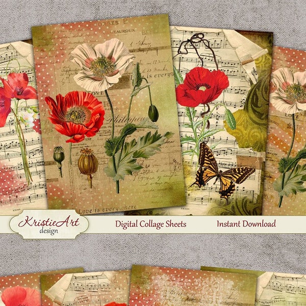 Summer Poppies - Digital Collage Sheet Digital Cards C127 Printable Download Image Digital Image Flowers Atc Cards Poppy ACEO