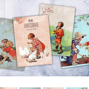 Cartões digitais infantis - Folha de colagem digital Cartões ATC para impressão, tags de download, imagem digital, cartão de scrapbook de colagem infantil