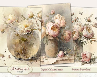 Romantic Retro Peonies | Digital Collage Sheets for Card Making and Scrapbooking, C260