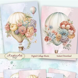Carte ATC per collage digitale mongolfiera ad acquerello, C249 / Download istantaneo per Scrapbooking e Art Journaling