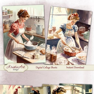 Folhas de colagem digital para culinária em aquarela: ilustrações de receitas e impressões de arte culinária, C259