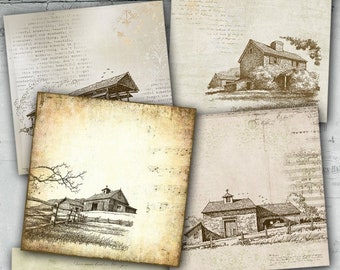 Digital collage sheet "Old Houses" C009 - Printable Download - Tags Digital Retro Digital Image ATC Retro Card