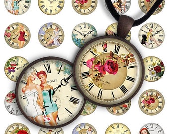 Puede incluir: Un conjunto de 18 hojas de collage digital de estilo vintage con carátulas de reloj que presentan imágenes de chicas pin-up, flores y relojes. Las carátulas de los relojes son de color crema con marcas de números romanos negros. Las imágenes son de estilo retro con un toque vintage.