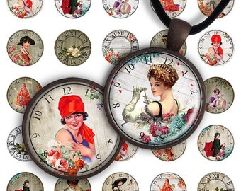 Digital Collage Sheet Retro Clocks 1.2 inch, 1 inch size 25mm image for pendants round glass charms resin bottle caps magnets