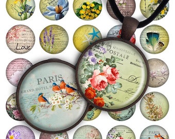 Cute Flowers - Digital collage printable download 25mm 20mm circle 1 inch image for pendants glass charm resin magnets jewelry