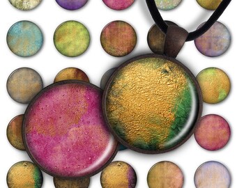 Puede incluir: Un conjunto de 18 hojas de collage digital con diseños redondos, texturizados y coloridos. Los diseños incluyen colores dorado, verde, azul, morado, rosa y marrón. Las hojas son perfectas para scrapbooking, creación de tarjetas y otros proyectos de manualidades.