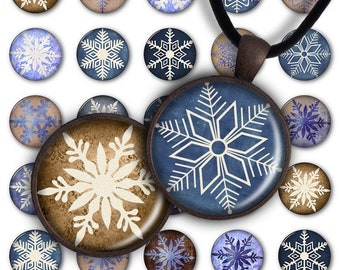 Flocons de neige - Feuille de collage numérique PC050 1 pouce rond 1 pouce cercle 25 mm Pendentif de Noël Image imprimable Fabrication de bijoux d’hiver