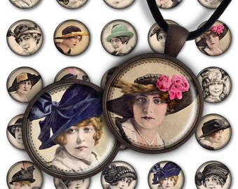 Digital Collage Sheet Women's Retro Hats 1inch Round 30mm 25mm Circle Pendant Printable Download PC035 Jewelry Making