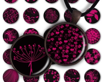 Fleurs magenta - Feuille de collage numérique 1 pouce rond 30 mm 25 mm 20 mm Pendentif circulaire Télécharger PC067 Fabrication de bijoux