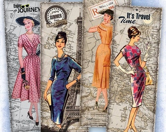 Vintage Travel Bookmarks - Retro Women Collage Sheet (Digital Download)