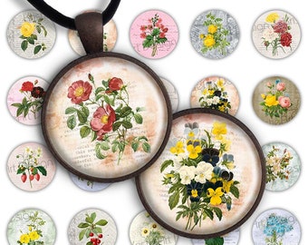 May include: A set of 18 digital collage sheets featuring vintage floral illustrations. Each sheet is a circle with a different floral design, including roses, pansies, and wildflowers. The sheets are perfect for scrapbooking, card making, and other craft projects.