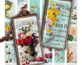 Pretty Flowers Feuille de collage numérique PR001 téléchargement imprimable 1x2 pouces taille rectangle verre pendentif résine image numérique fleurs