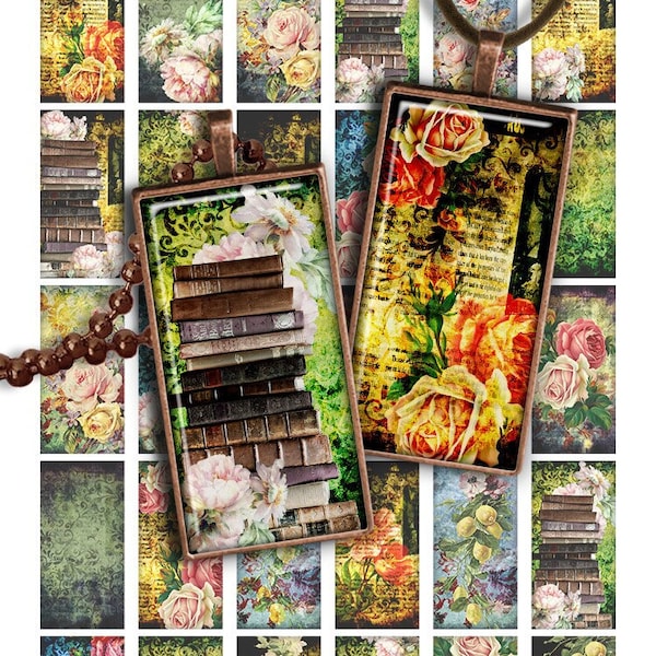 Grunge Flowers Digital collage sheet PR011 printable download 1x2 inch image size rectangle glass pendant resin 1x2 domino