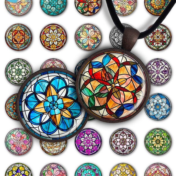Stained Glass Patterns Digital Circle Pendants - Instant Download, Jewelry Design, PC082