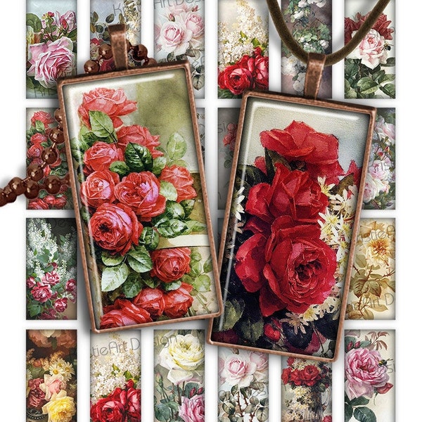 Painting Roses Digital collage sheet printable download 1x2 inch image size rectangle glass pendant resin digital image flowers