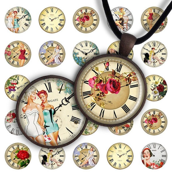 Retro Clock - Digital Collage Sheet 1 inch and 1.2 inch size image for pendants round glass charms resin digital image magnets