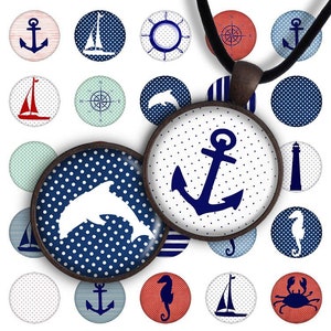 Sea Life - digitale collagebladen 1,2", 1", 30 mm, 25 mm, 1 inch cirkels flesdoppen, printables voor hangers, glazen cabochons
