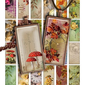 May include: Digital collage sheet with autumn themed images.  The sheet includes images of leaves, mushrooms, clocks, and a vintage postcard.  The images are in a variety of colors, including red, orange, yellow, green, and brown.